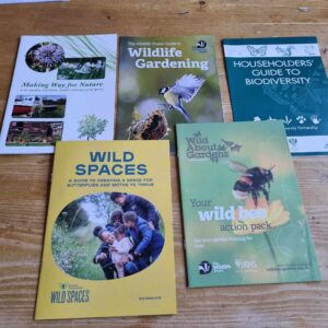 Leaflets on wildlife gardening. Caption: Handy guides on creating a haven for pollinators, hedgehogs, and other wildlife in your garden!