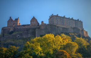 Looking up at Edinburgh Castle with a blue sky behind